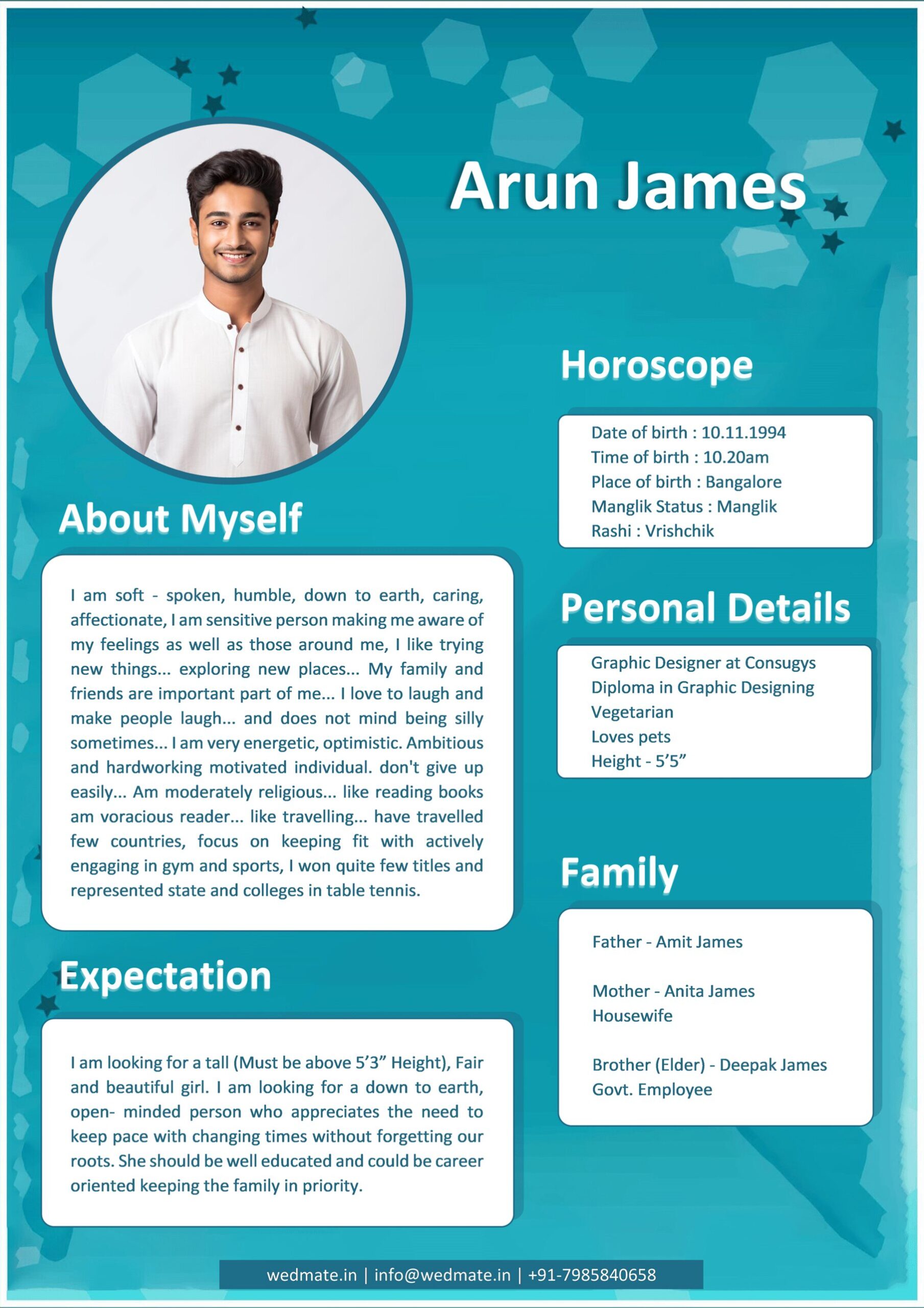 Hindu Marriage BioData Arun James