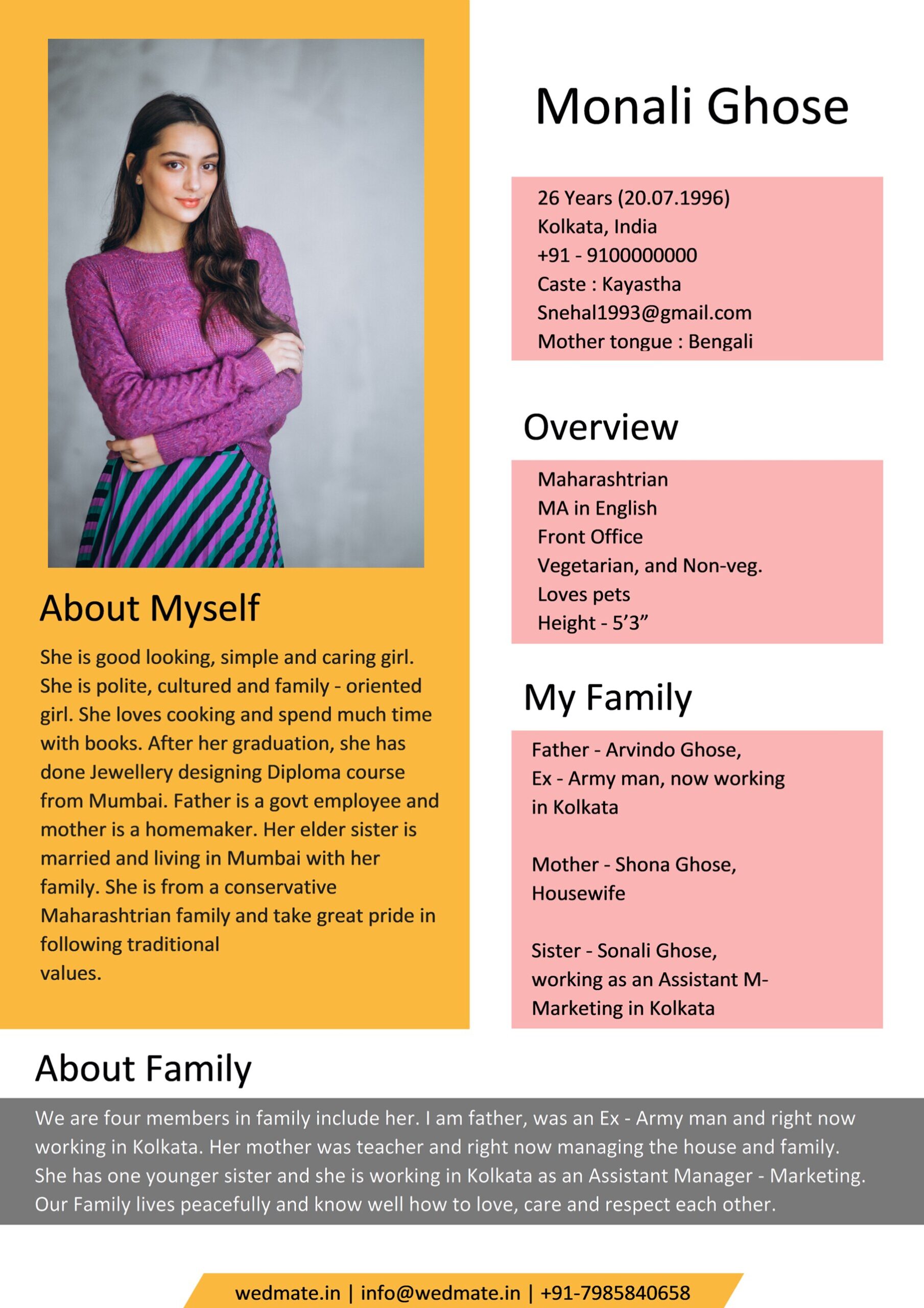 Hindu Marriage Girl BioData Monali Ghose