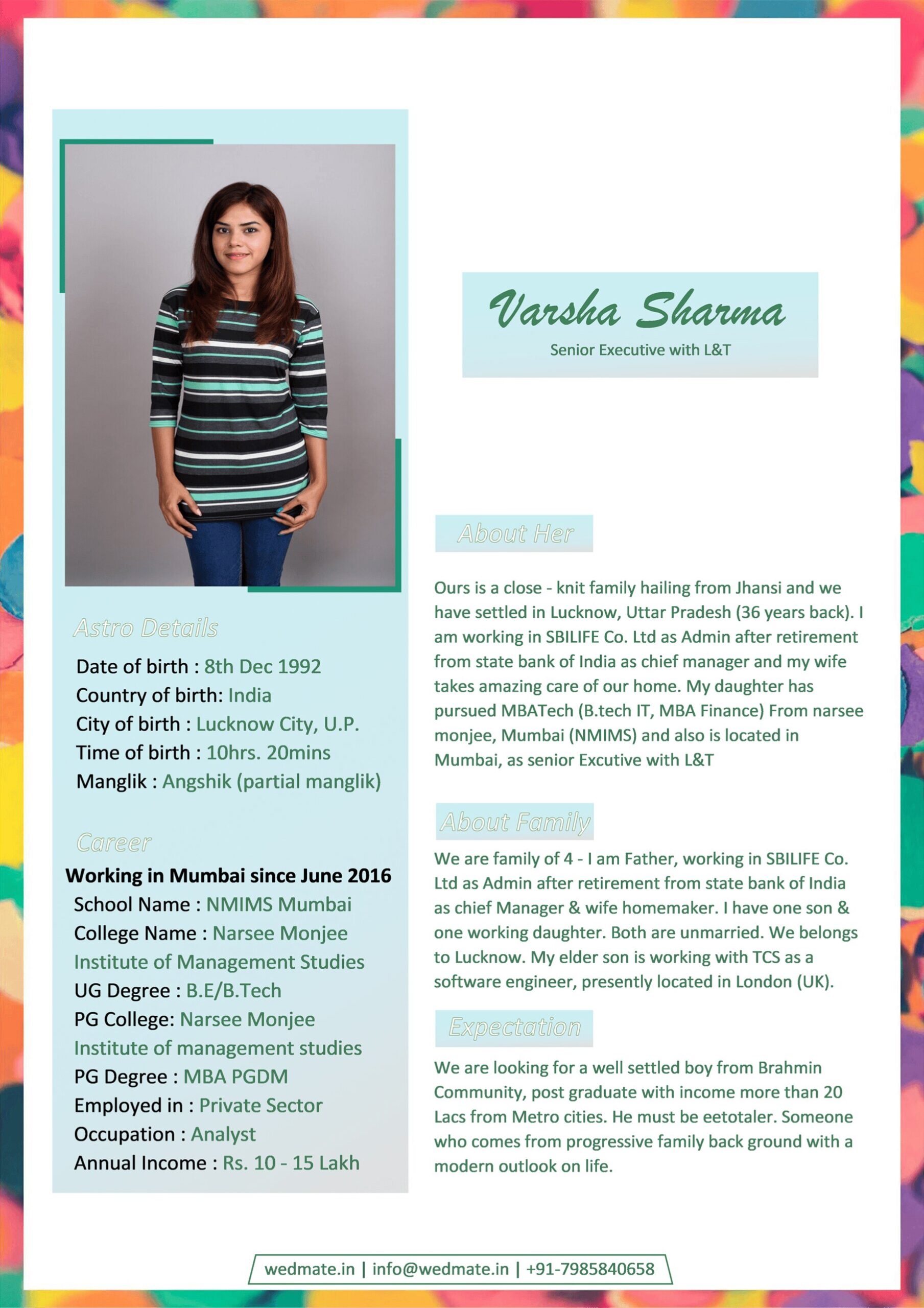 Hindu Marriage BioData Varsha Sharma