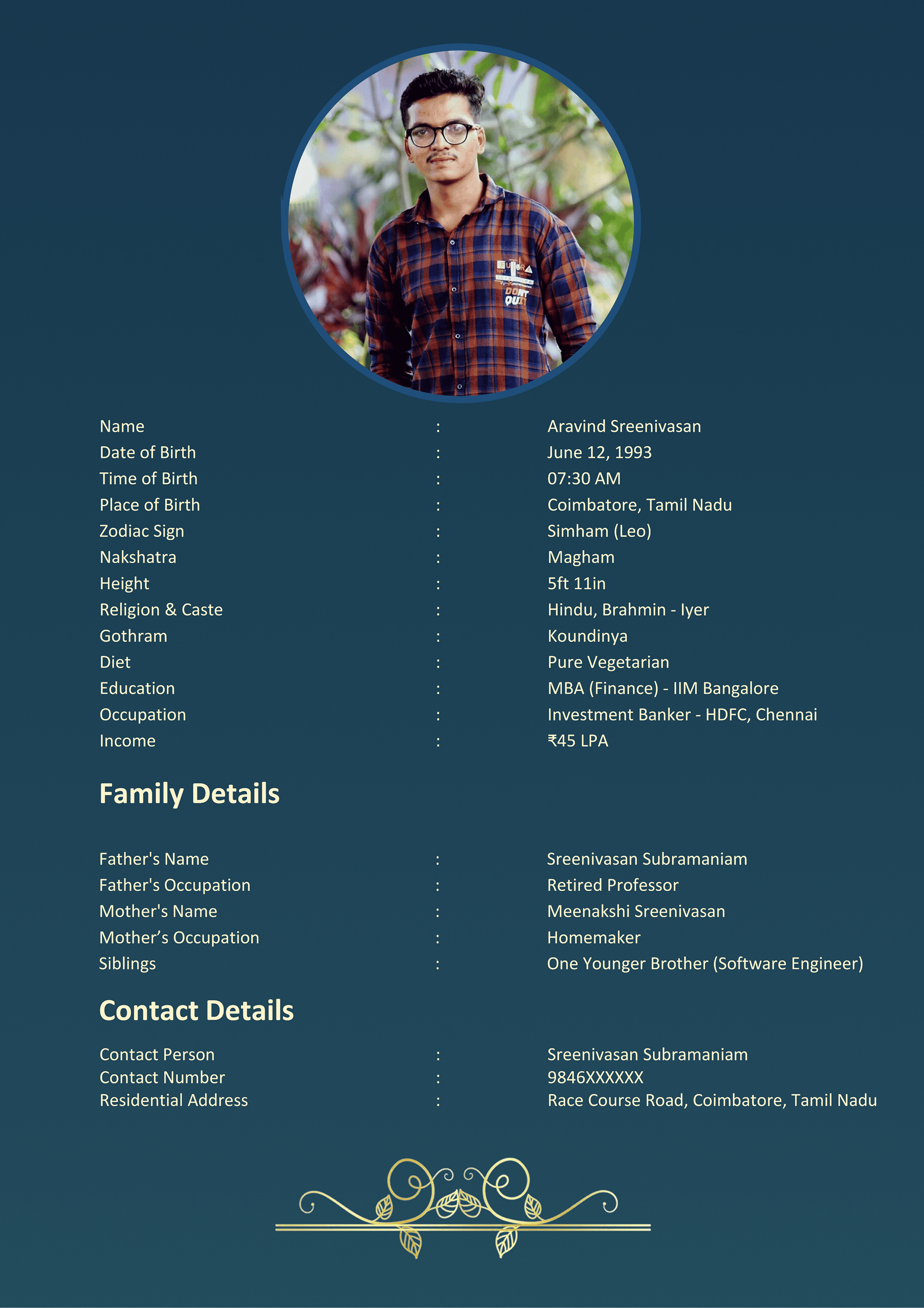 Tamil Boy Marriage Biodata Aravind Sreenivasan