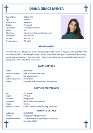 Christian Girl Marriage Biodata Diana Grace Mehta