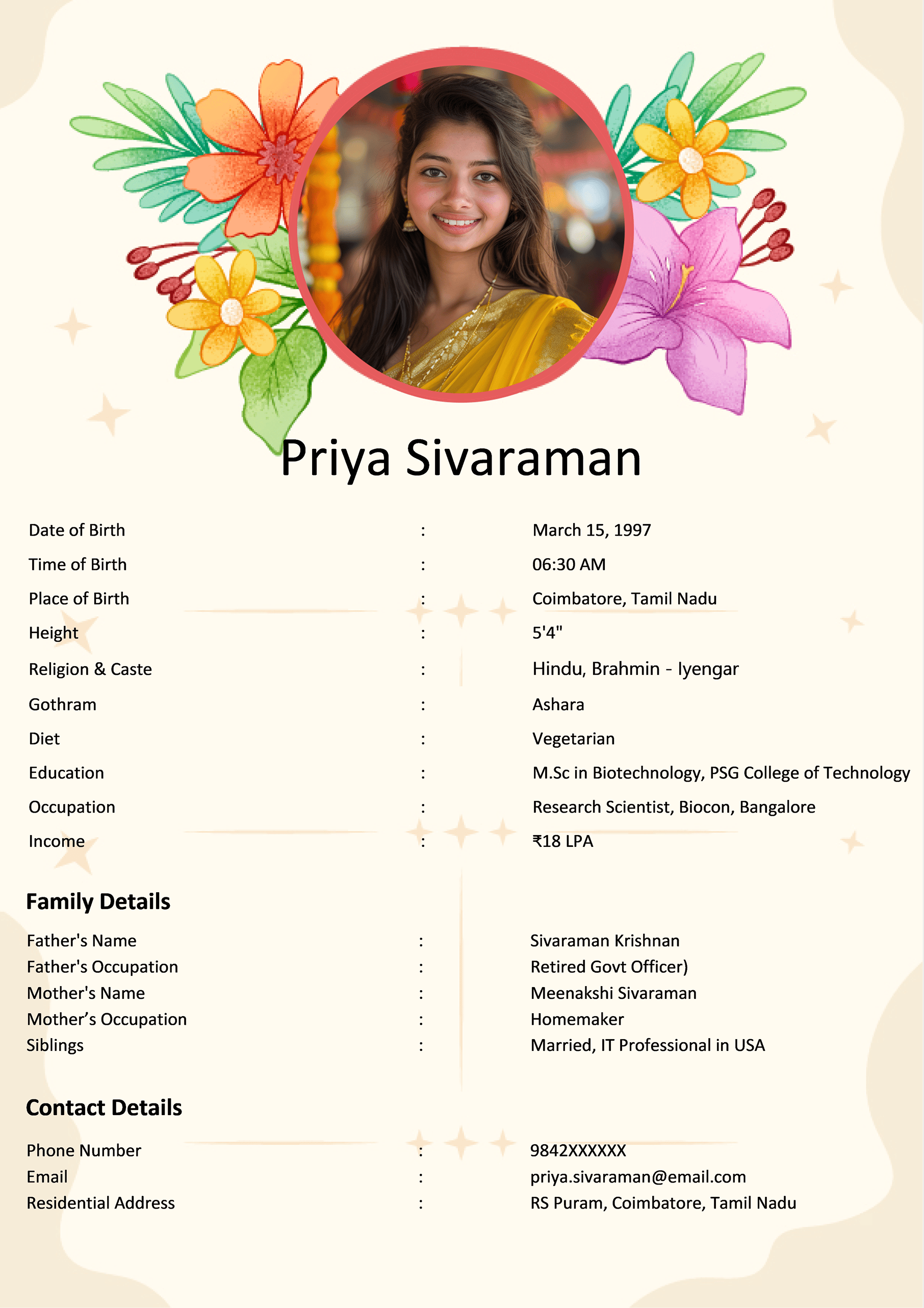Tamil Girl Marriage Biodata Premium Design