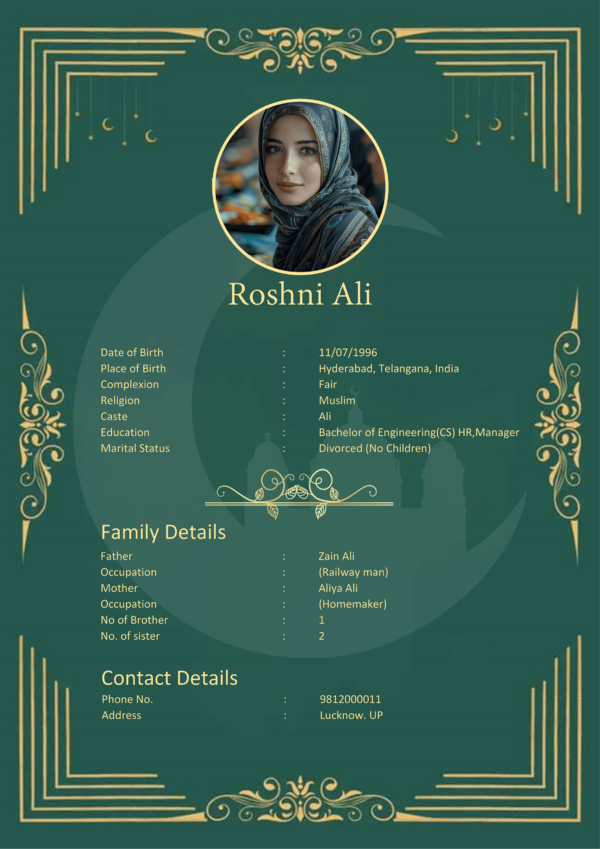 Muslim Girl Second Marriage Biodata Roshni Ali