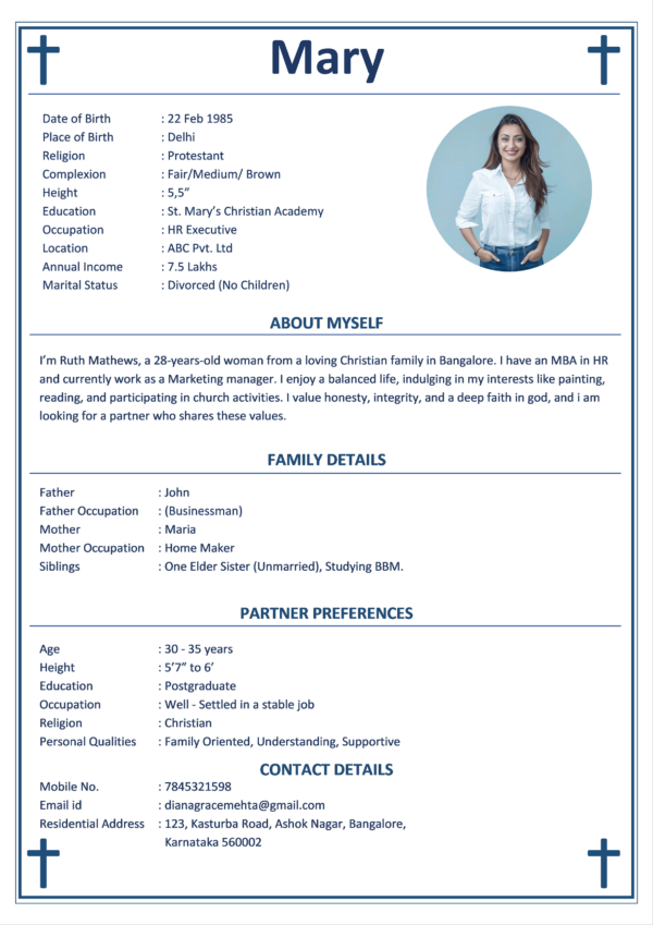 Christian Girl Second Marriage Biodata White Background